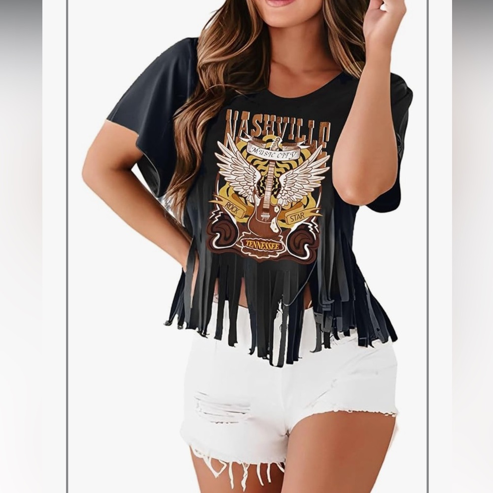 Nashville Graphic Short Sleeve Black Fringe Women's Top